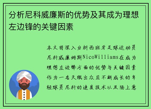 分析尼科威廉斯的优势及其成为理想左边锋的关键因素